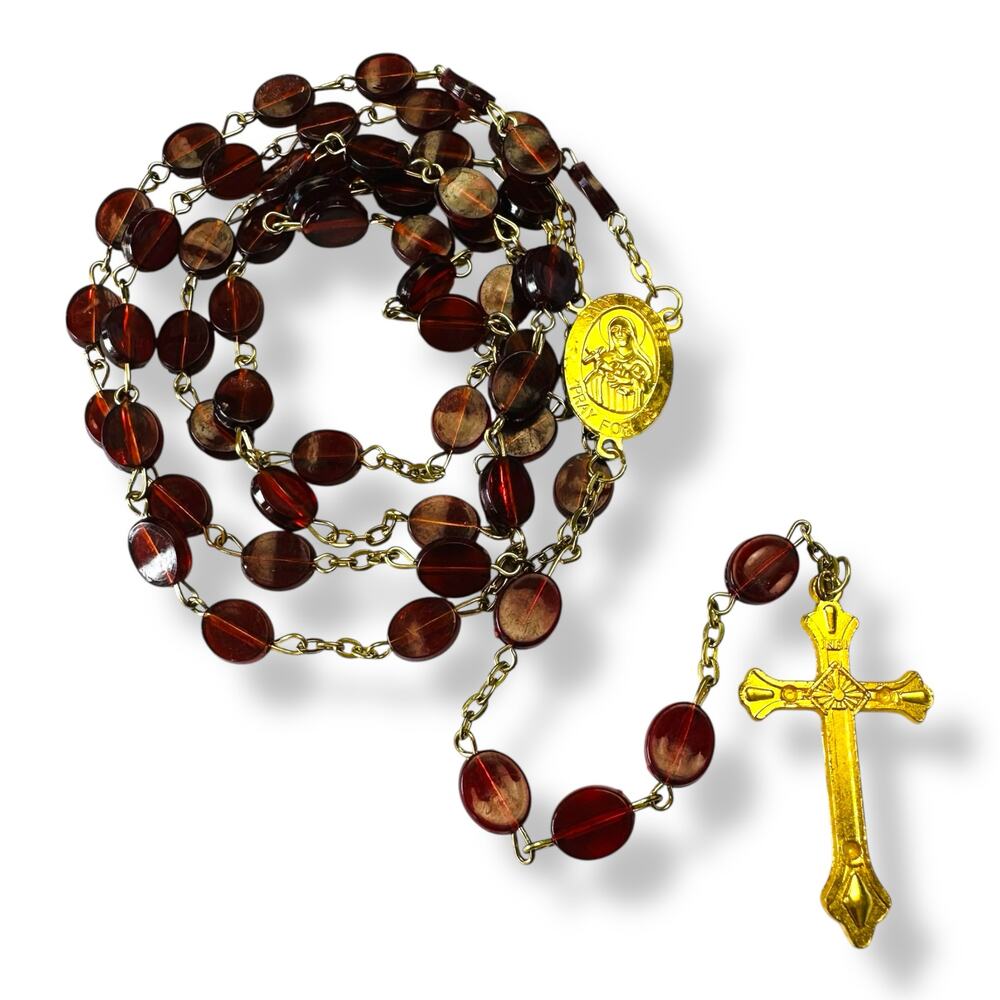 Vintage Rosary Necklace Red Flat Bead Prayer Beads Religious Collectible